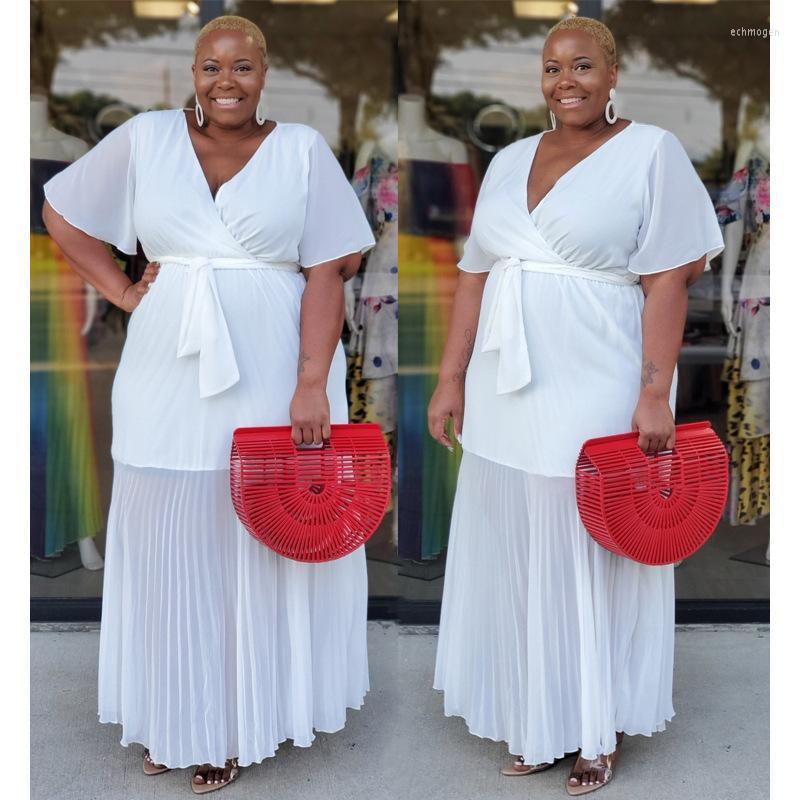 

Plus Size Dresses Summer White Dress 2022 Short Sleeve V Neck Pleated Party Holiday Ruffled Long Sundress Bohemian Vestidos Echm22
