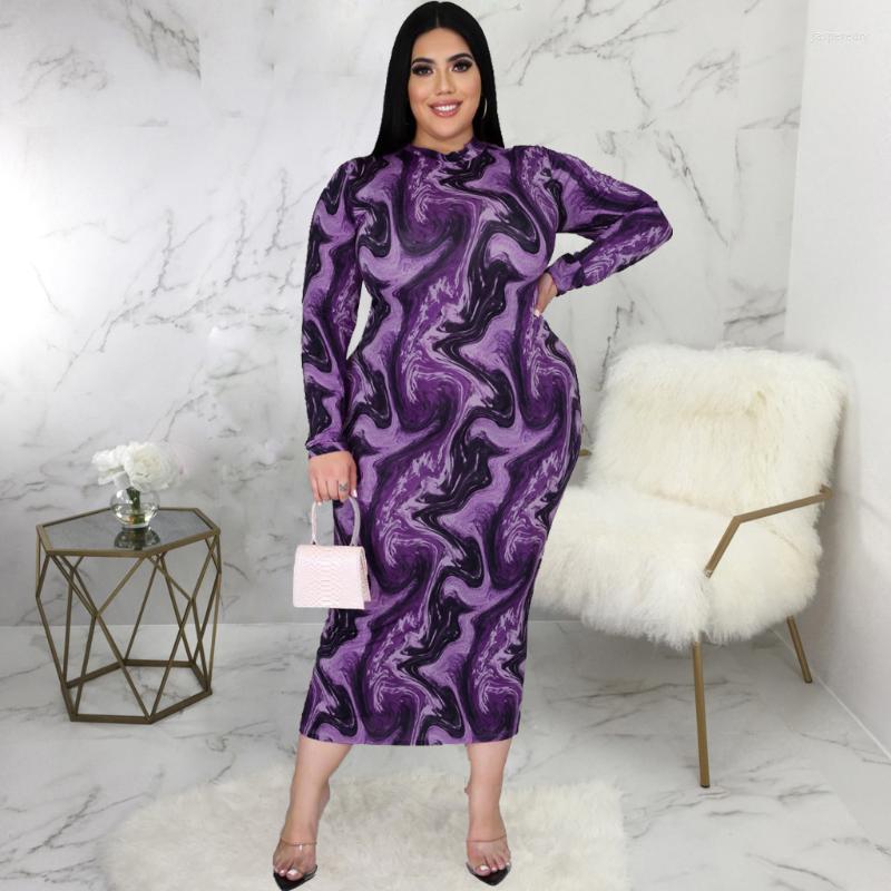 

Plus Size Dresses -5XL SizeAesthetic Art Print Sheath Dress Women O-neck Long Sleeve Package Hip Elegant Female Body-shaping Jasp22, Purple