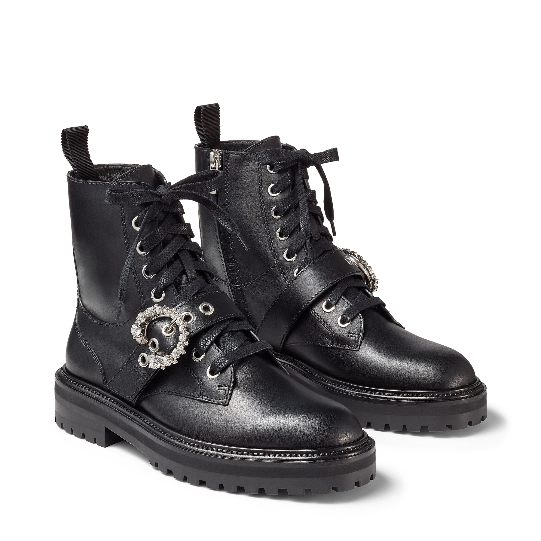 

CORA FLAT/CRYSTAL Army Boots in Black Soft Calfskin with Crystal Buckle 3-5cm Bing100
