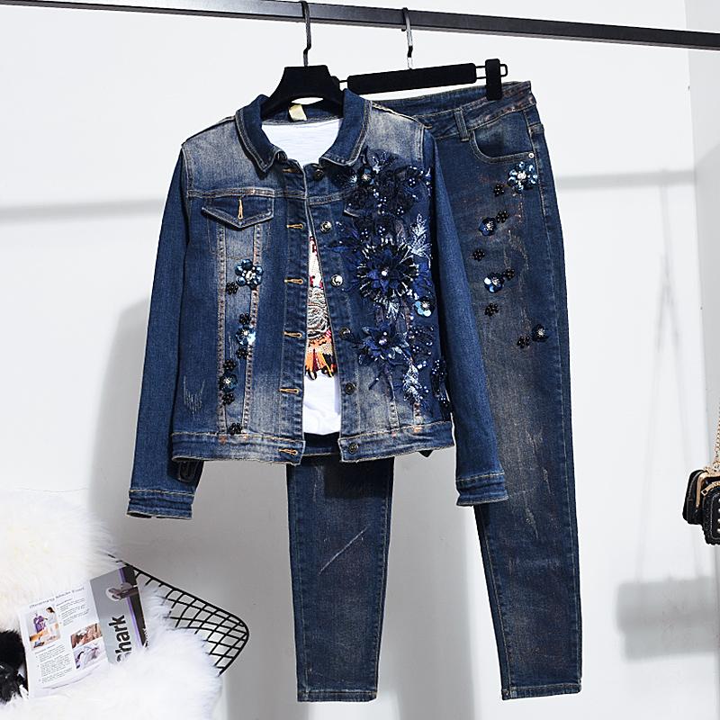 

Women' Two Piece Pants Autumn Beading Embroidery Denim Jacket Women Vintage Long Sleeve Tops Little Feet Jeans Fashion Set Female H977Women, Photo color