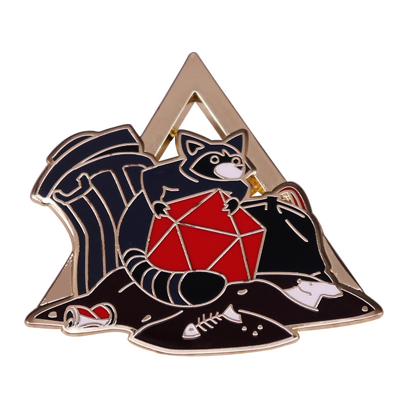 

Raccoon and D20 dice enamel needle trash can badge RPG game inspired Brooch, As picture