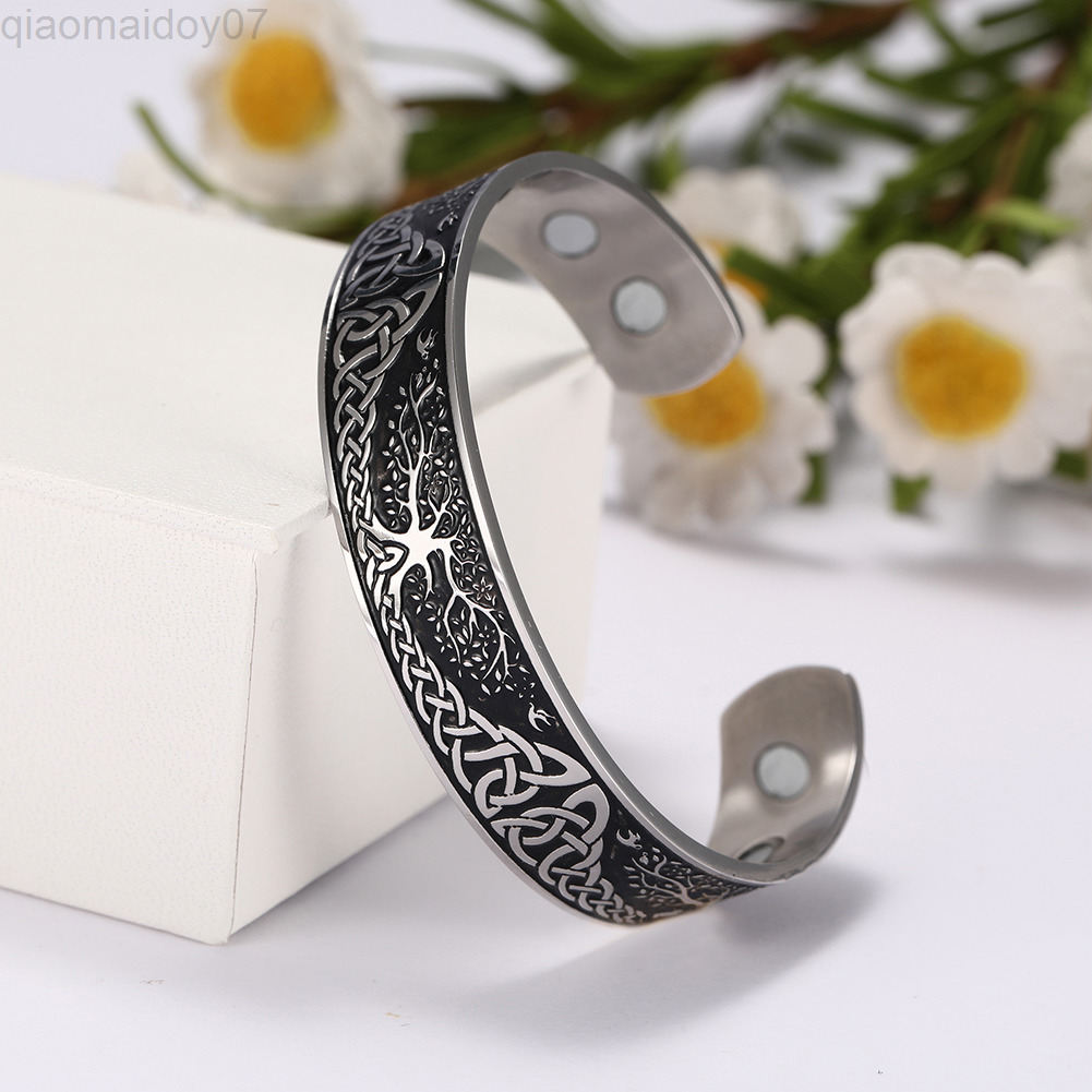 

Skyrim Viking Bangle Endless Love Buttons Tree of Life Birds Stainless Steel Cuff Magnetic Therapy Bracelet Men Women Jewelry Gift L220812
