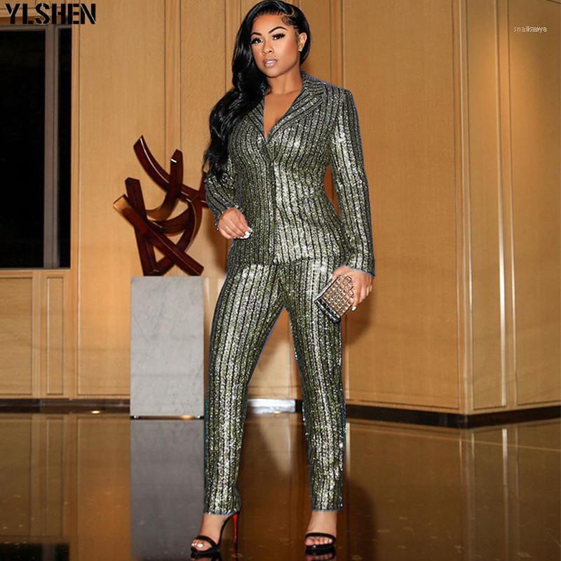 

Ethnic Clothing African Women Sets Elastic Sequined Long Sleeve Blazer Jacket Pants Suit Office Lady Elegant 2 Piece Set Outfits Africa