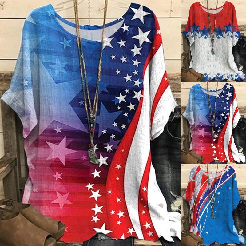 

Women's Blouses & Shirts Women Casual Independence Day Print Round Neck Short Sleeve Shirt Blouse Loose Tunic Top Leggings ShirtsWomen's, Red