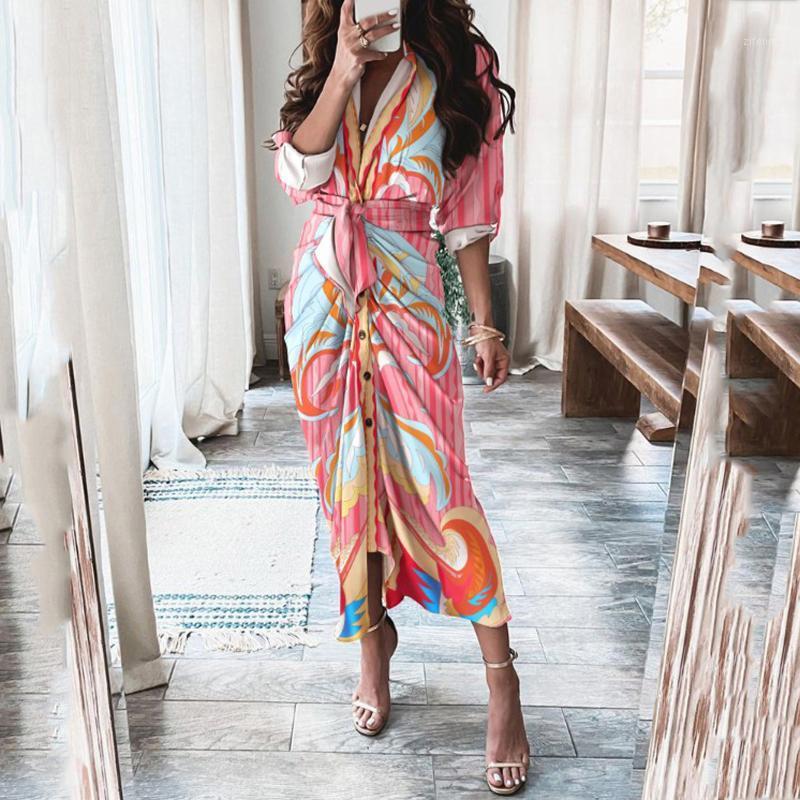 

Casual Dresses 2022 Print For Women' Elegant Office Lady Vestidos Fashion Party Long Dress With Belted Waist And Button, Pink