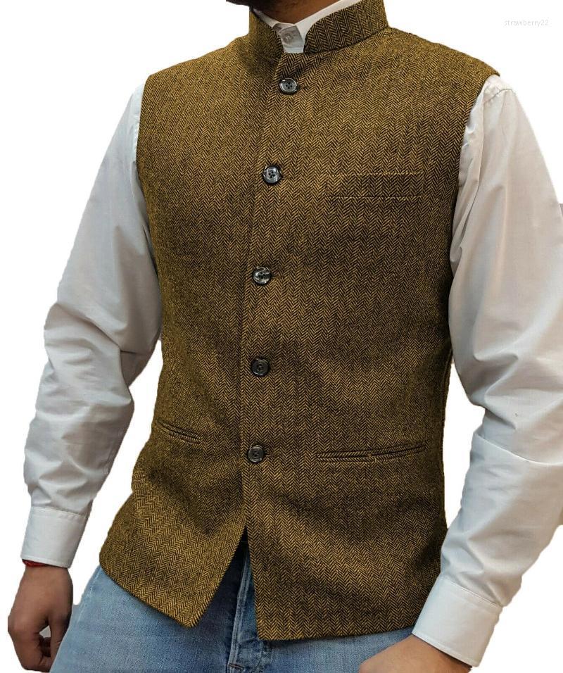 

Men's Vests Suit Vest Brown Herringbone Wool Tweed Stand-up Collar Slim Fit Waistcoat Groom Costumes Clothing For Men Wedding Stra22, Gray