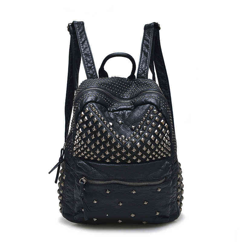

2022 New Fashion Women Backpacks Washed Leather Backpacks Lady Girls Travel Women Bags Rivet Backpacks Student School Bag Hot H220427, Black