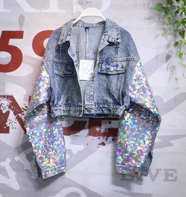 Women's Jackets Spring And Autumn Short Denim Coat Female Colorful Sequins Long Sleeve Jeans Jacket Students Loose Coats