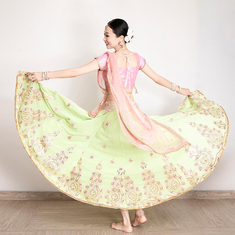 Vêtements ethniques traditionnels pour femmes élégantes manches courtes roses hauts jupe verte saris costume 3 pièces vêtements de danse du ventr
