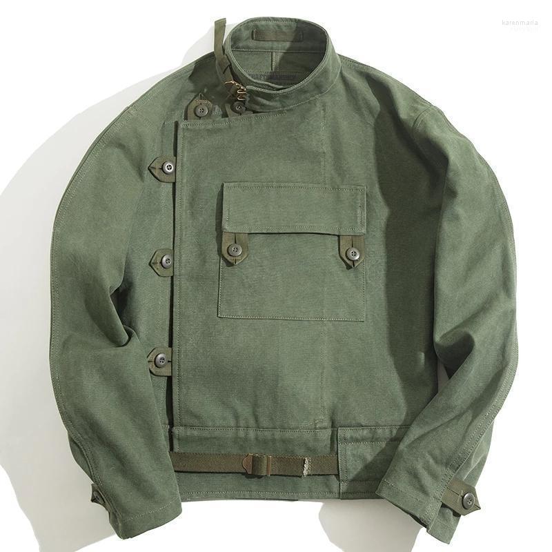 

Men' Down & Parkas Army Green Retro Jacket Misplaced Oblique Buckle Swedish Motorcycle AMEKAJI Cotton Washed XXXL Kare22