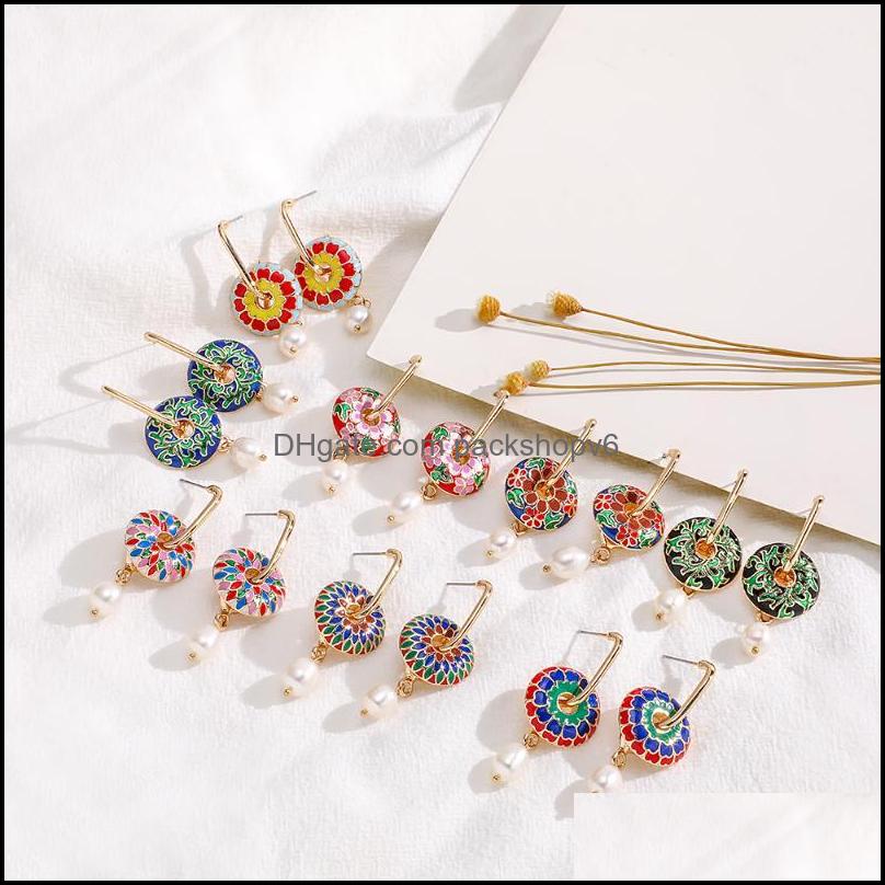 Chandelier en peluche Boho Mticolor Fleur d'émail Hie Boucles d'oreilles pour les femmes Géométrie vintage Round Packshopv6 DHFFE