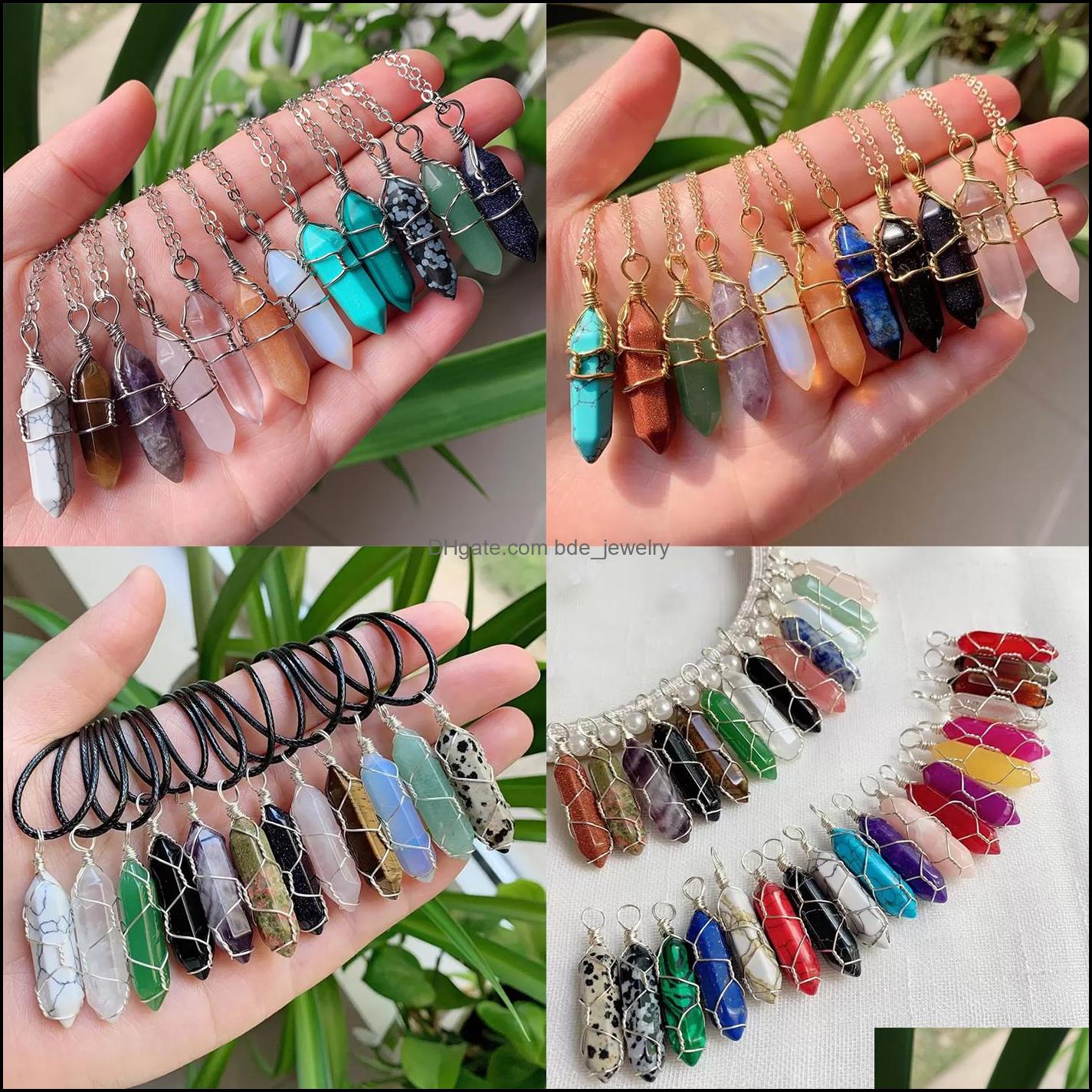 

Pendant Necklaces Assorted Stone Pendum Wire Wrap Reiki Healing Crystal Necklace Hexagonal Amethyst Pink Quartz Chakras Pe Bdejewelry Dh4Jt