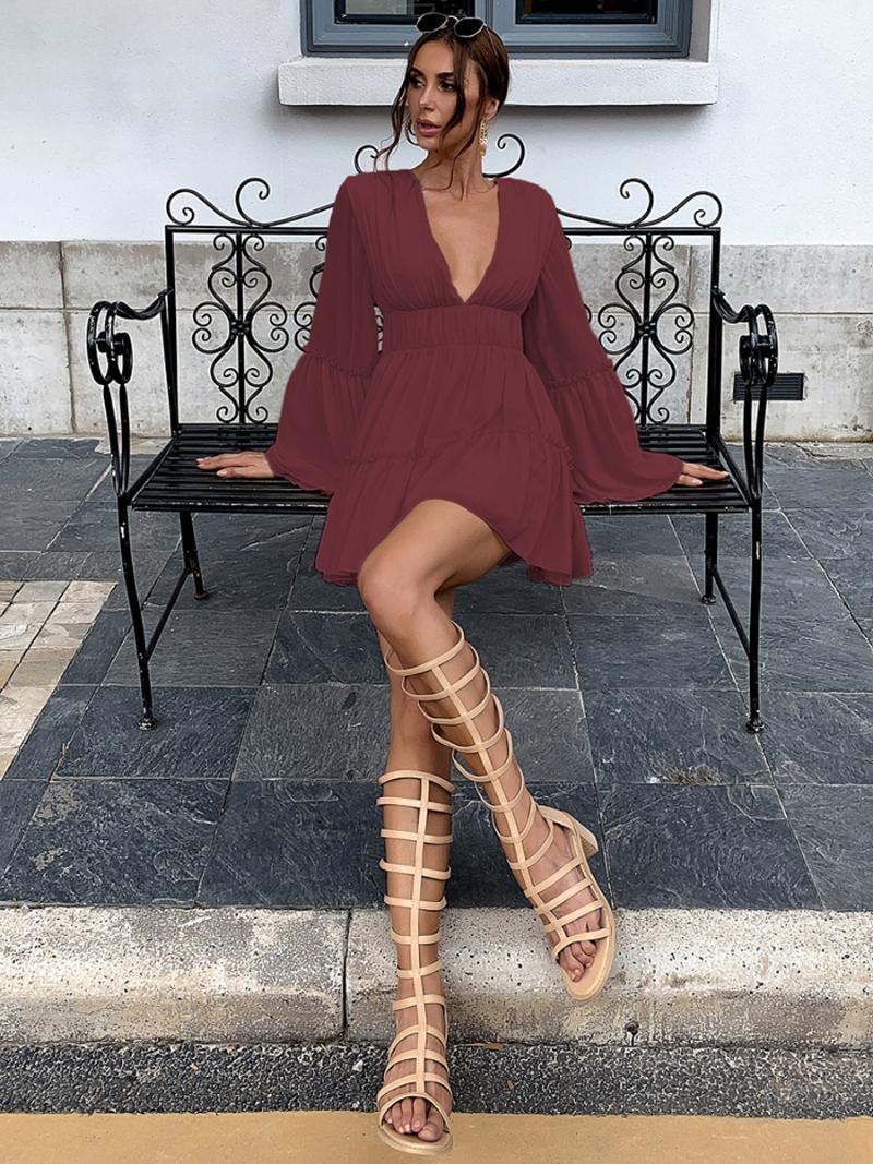 

Casual Dresses Missord Sexy Deep V Neck Flare Sleeve Chiffon Mini Dress Solid Color Ruffles Women Autumn Party White VestidoCasual, Black