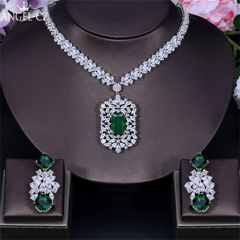 

ANGELCZ Elegant Princess Green Cubic Zirconia Crystal Square Dangle Earrings Necklace Party Costume Jewelry Set For Women AJ197 201222
