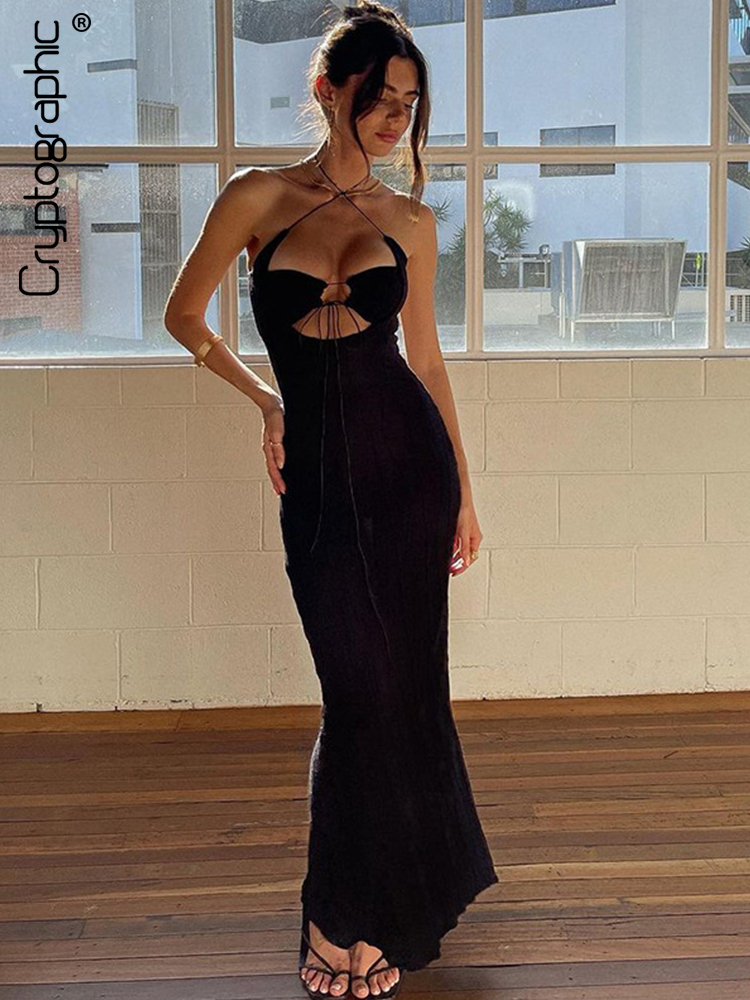 

Halter Sexy Backless Cut Out Tie Up Maxi Dress for Women Sleeveless Summer Club Party Gown Dresses Outfits Clothes, Black