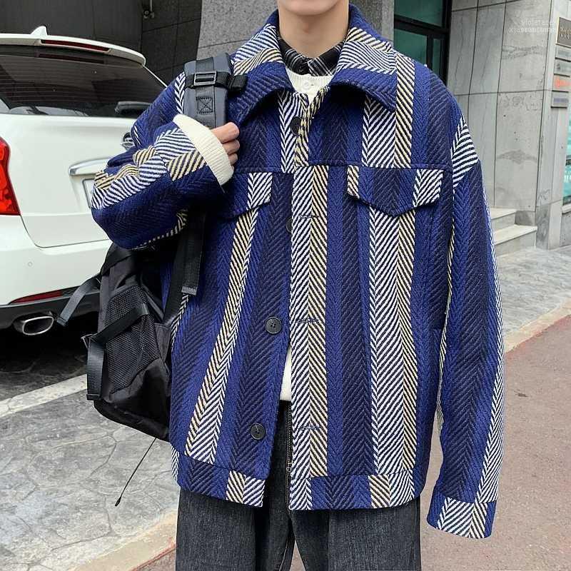 

Men's Wool & Blends Winter Woolen Coat Men Fashion Contrast Color Casual Striped Jacket Man Wild Loose Plus Velvet Male1 Viol22, Blue