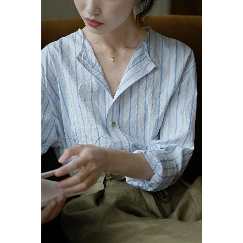

Women' Blouses & Shirts Sunscreen Shirt Women' Summer Wrinkle-proof Long Sleeve Thin French Stripe Design Niche Tops MujerWomen, Blue