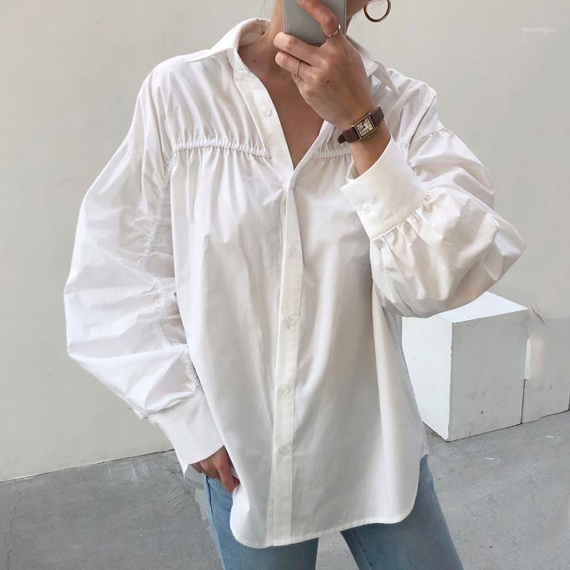 

[EWQ] 2022 Autumn Women Fashion Sweet Blouse Turn-down Collar Long-sleeved Puff Sleeve Minimalist Pleated Loose Shirt 8D903 Women's Blouses, Pink