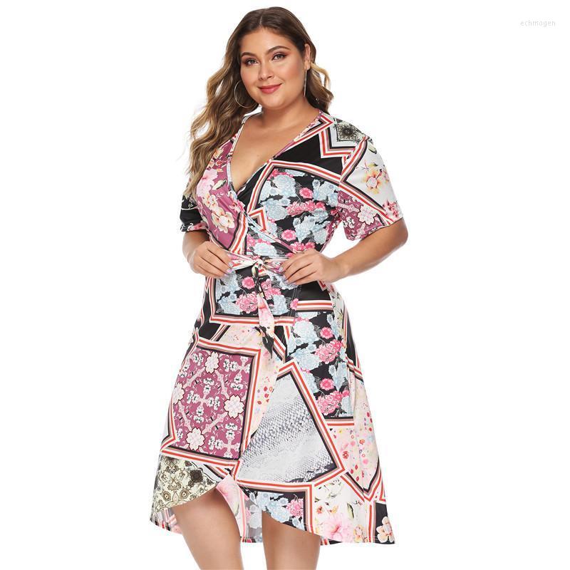 

Plus Size Dresses Beach Dress Woman V-neck Cover Up Sundress Large Fat Women's Sashes Short Sleeve 2022 For Women Loose 3XL 4XL Echm22, Multi