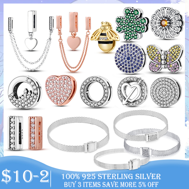 925 Perles de charme en argent enrôlez la chaîne de sécurité Réflexions de la chaîne de perles de perles Bracelet Bracelet Bijoux accessoires