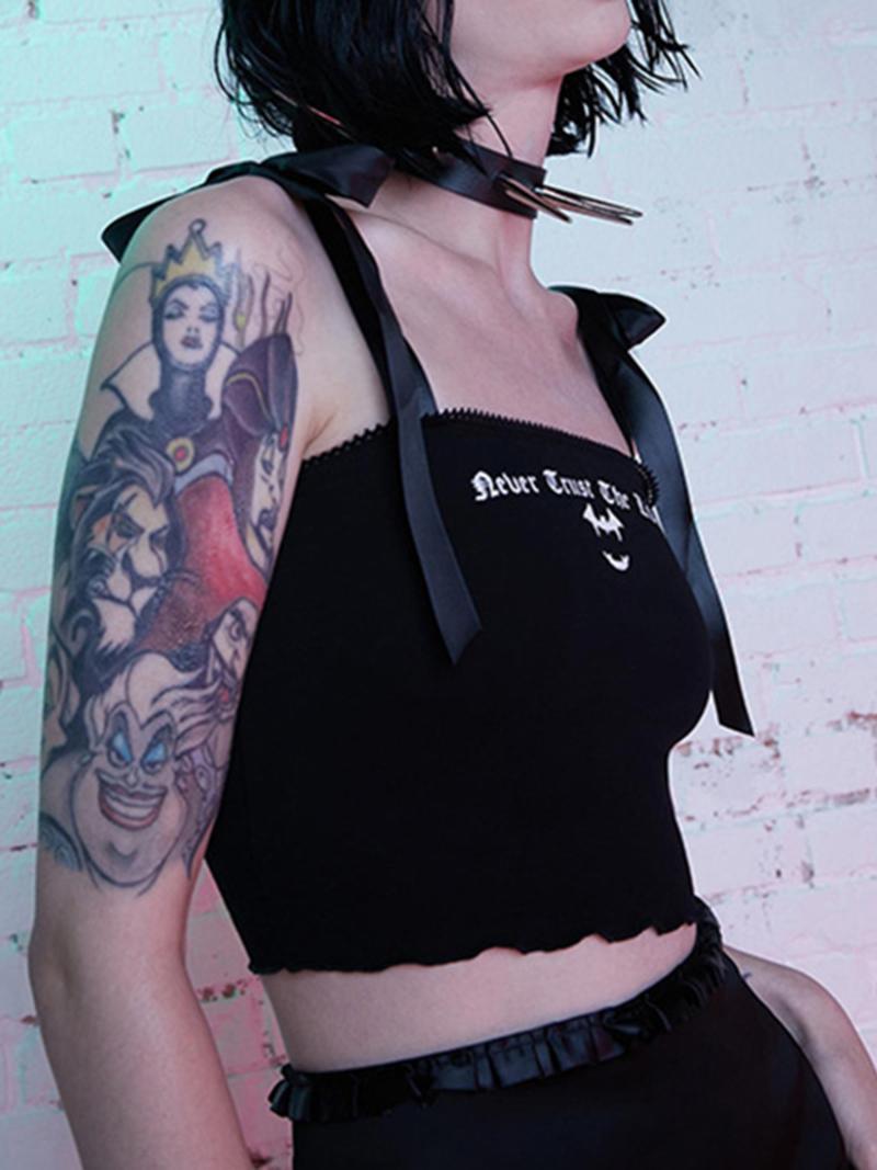 

Women' Tanks & Camis Est Arrival Women Sleeveless Tank Tops Gothic Letter Print Tie Shoulder Strap Slim Fit Crop TopsWomen, Black