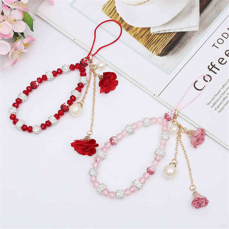 

Mobile Phone Lanyard With Flower Pendant Short Hand Strap For Key/ID Card Diamond Crystal Bracelet Anti-lost Wrist Straps AA220318