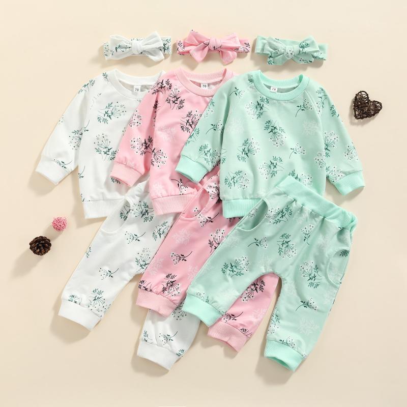 

Clothing Sets 3Pcs Little Girls Outfit Sweet Style Floral Plant Printing Long Sleeve Round Collar Tops Trousers HeadwearClothing, Green