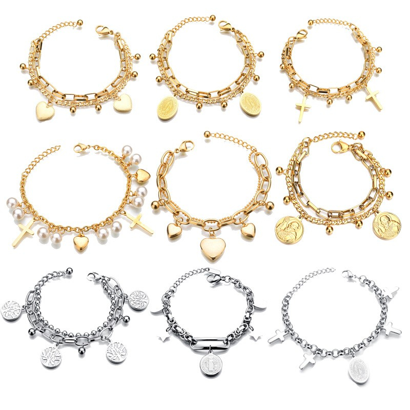 Nouvelle Mode Double Couche Coeur Lifetree Charme Bracelet Femmes En Acier Inoxydable Portraits Croix Bijoux