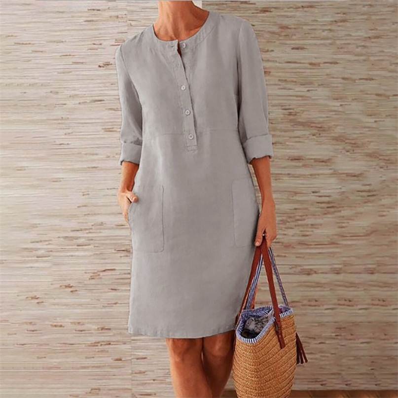 

Full Lady Turtleneck Dress Women Cotton Linen Style Single Breasted Natural Fiber fabric Causal  5XL 220613, Middleblue