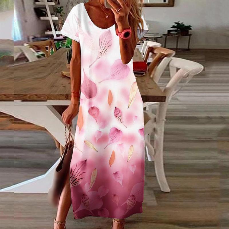 

Casual Dresses Spring Summer Long Women Elegant Loose Short Sleeve Floral Printed Dress Beach Vestidos Party #T2GCasual, Bk