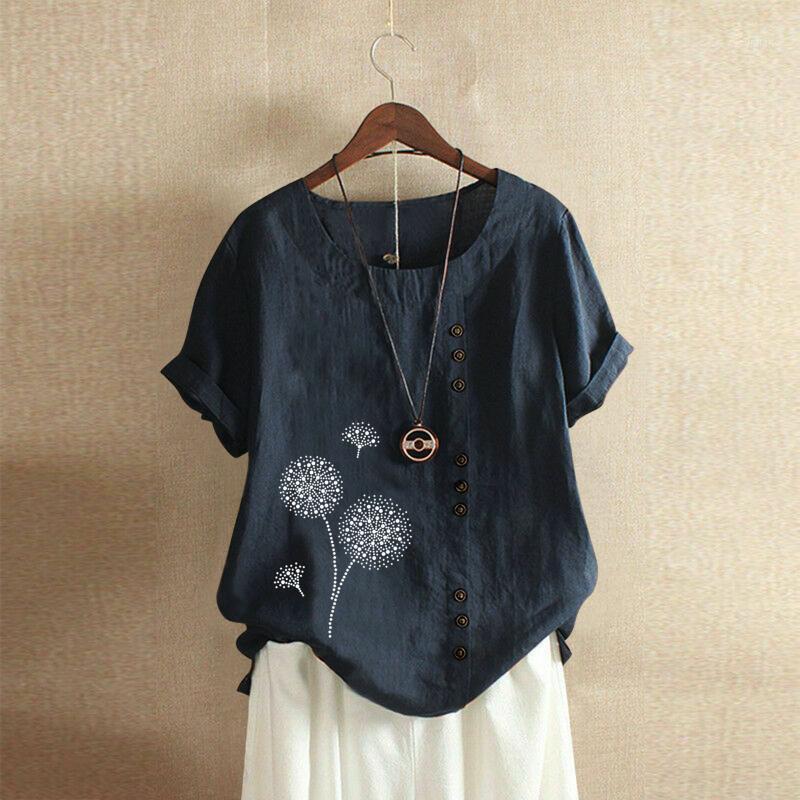 

Women' Blouses & Shirts Cotton Linen Women Blouse Casual Dandelion Print Short Sleeve O-neck Tops Tunics Summer Loose Pullover Camisas De M, Coffee