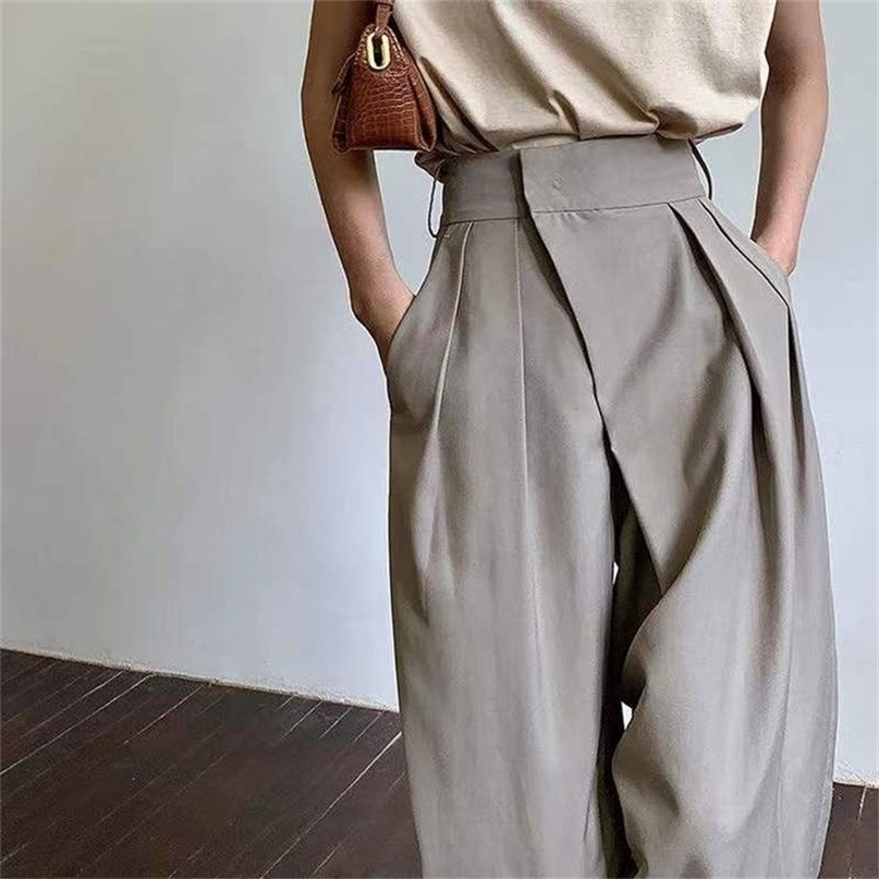 

Khaki Wide Leg Women's Pantsuit Baggy Classic Vintage Palazzo Office Elegant Casual Trouser Female Work High Waist 220419, Navy blue