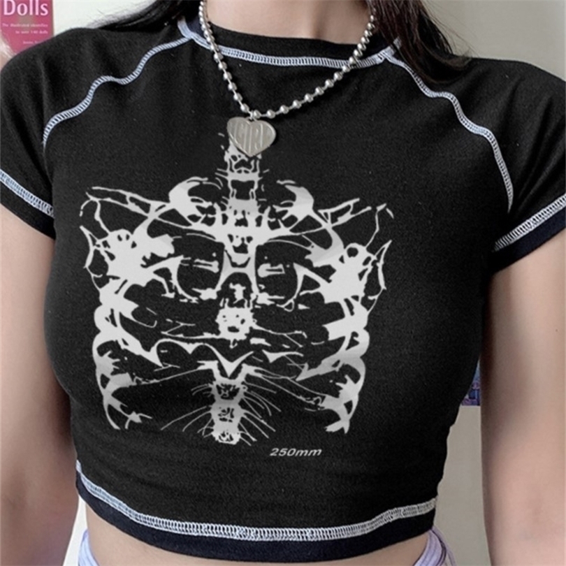 Esthétique squelette femmes Tshirt Harajuku Y2K noir doux fille mince crâne imprimé amusant vintage graphique vêtements crop top Egirl 220530