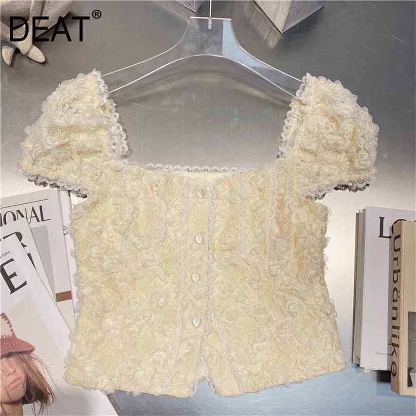 

DEAT Women Three-dimensional Lace Edge T-shirt Arrivals Square Collar Short Sleeve Fashion Spring Summer 11D979 210709, Apricot