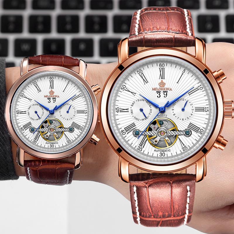 

Wristwatches Fashion Men's Watches Automatic Mechanical Tourbillon Watch Top Calendar Day Week Brown Leather Reloj HombresWristwatches W, Silver white