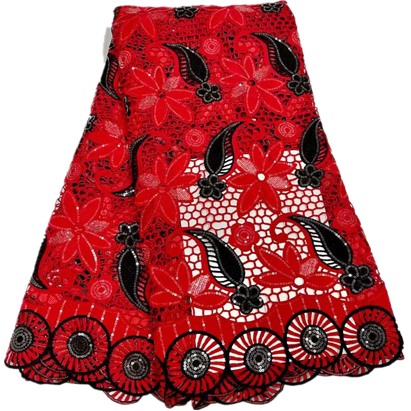 

Red Water Soluble African Lace Fabric High Quality Embroidery Sequins Guipure Cord Laces For Wedding Dress