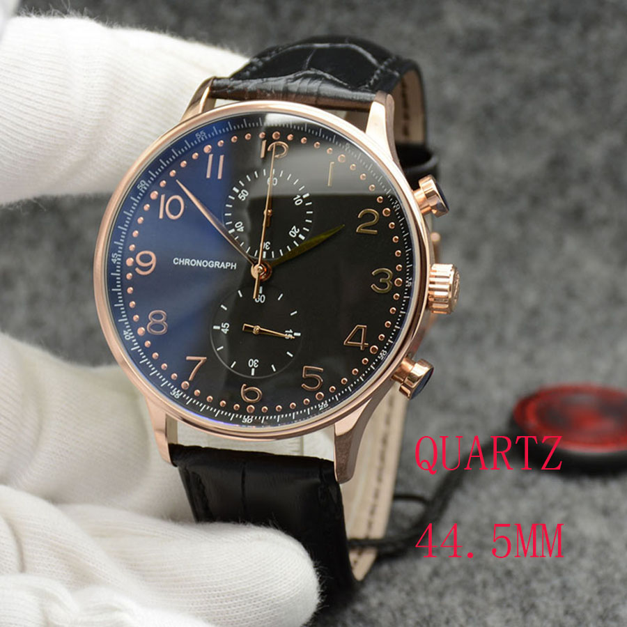 

New Watch Rose Golden Case Chronograph Sports Battery Power Limited Watch Black Dial Quartz Professional Wristwatch Folding clasp Men Watches Leather Strap