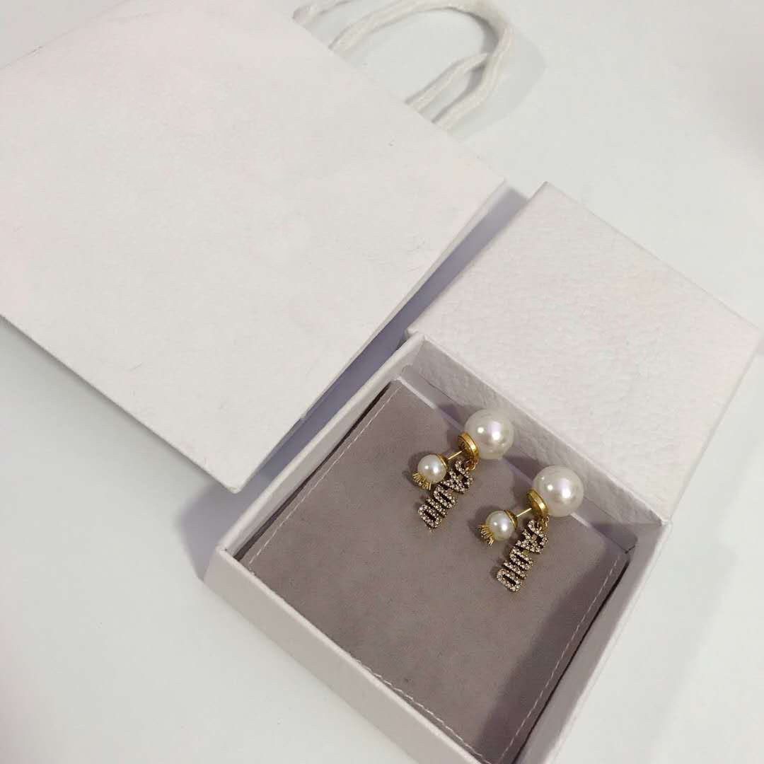

Luxury Brand Designer Big Pearl Double Sided Stud Earrings Vintage Copper Letterds Crystal Ear Rings Jewelry Box Packing