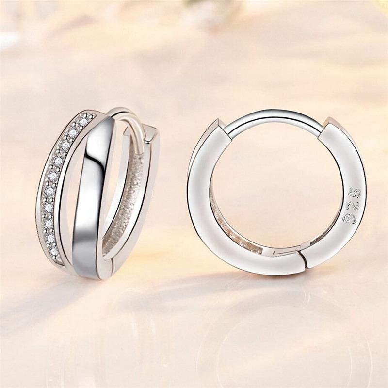 

Hoop & Huggie Earrings Crystal Double Layer 925 Sterling Silver Women JewelleryHoop