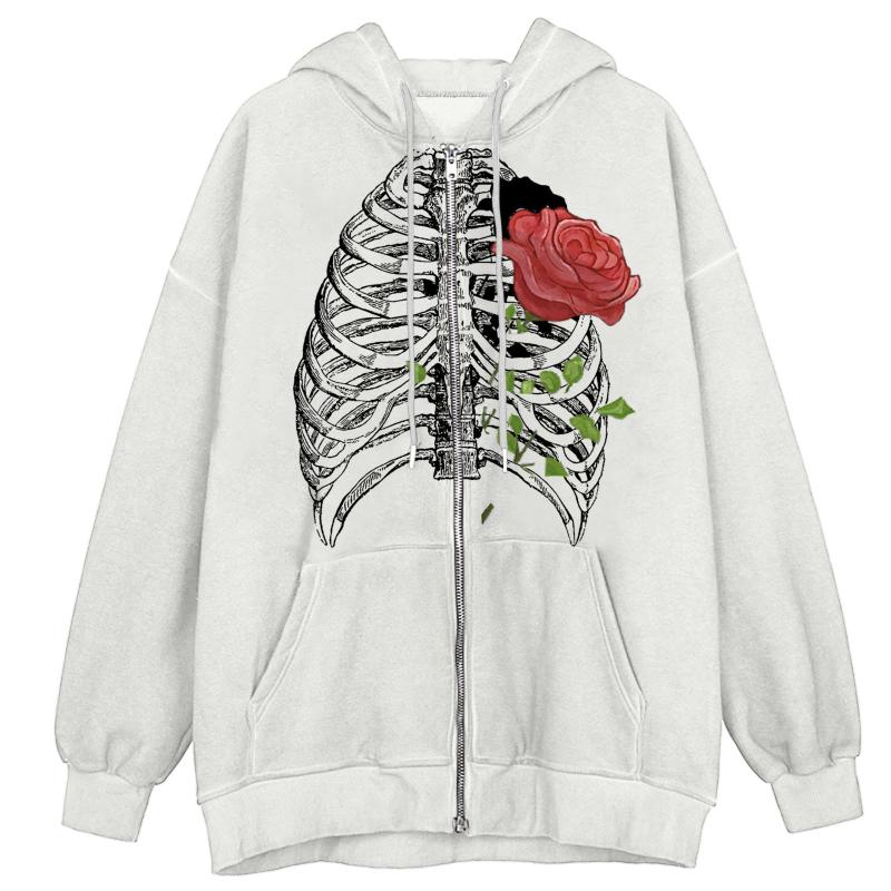 

Women' Jackets Women Gothic Sternum Rose Print Hoodie With Drawstring Zip Up Pocket Long Sleeve Coat Loose Teen Girls JacketWomen, Black