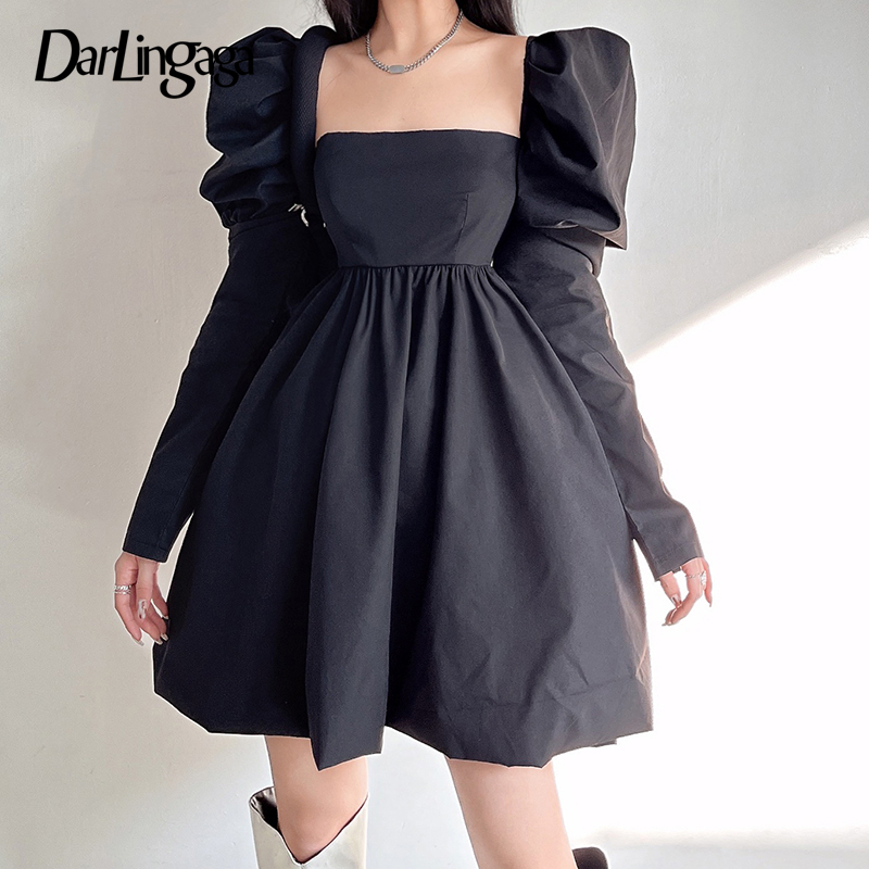 

Darlingaga Fashion Chic Puff Sleeve Square Neck Ball Gown Black Dress Pleated Ruched Solid Elegant Birthday Party Dress Female