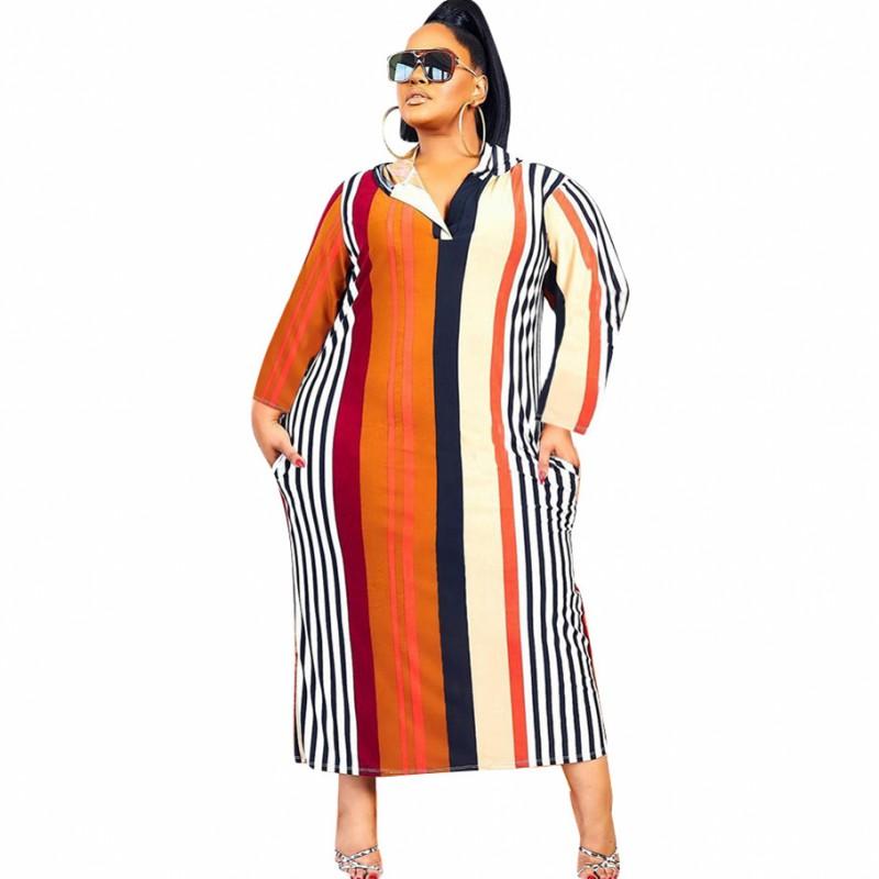 

Plus Size Dresses 5XL Women Dress Full Sleeve Hooded Back Hollow Robes Autumn Striped Print Casual Large Office Lady 2022, Orange