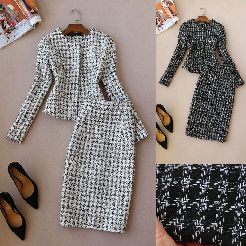 Deux pièces robe automne hiver femmes Tweed costumes mode hauts jupes 2 ensembles manteau de laine et