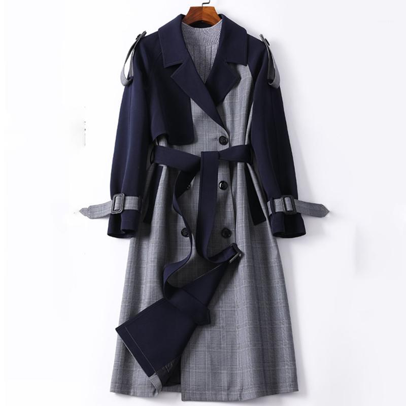 

Women' Trench Coats Autumn Plaid Long Coat Women Spring Elegant High Quality Office Vintage Double-breasted Patchwork Belt Outerwear, Black