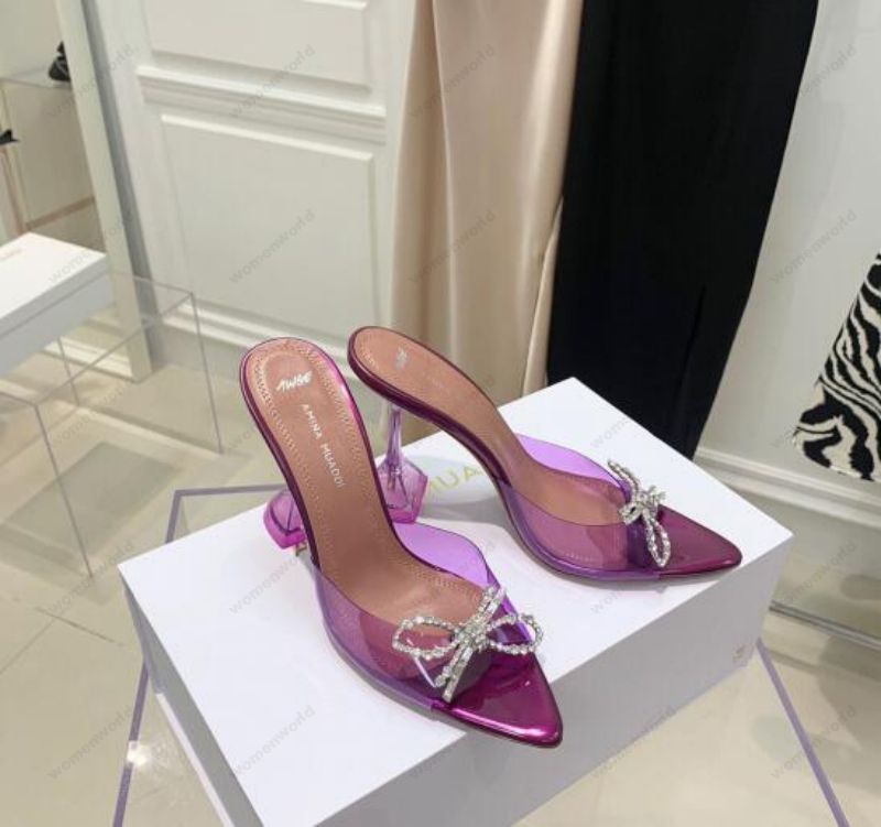

Luxury Designer Amina Muaddi sandals New clear Begum Glass Pvc Crystal Transparent Slingback Sandal Heel Pumps 100mm crystal-embellished slippers Purple shoes, Only a shoe box