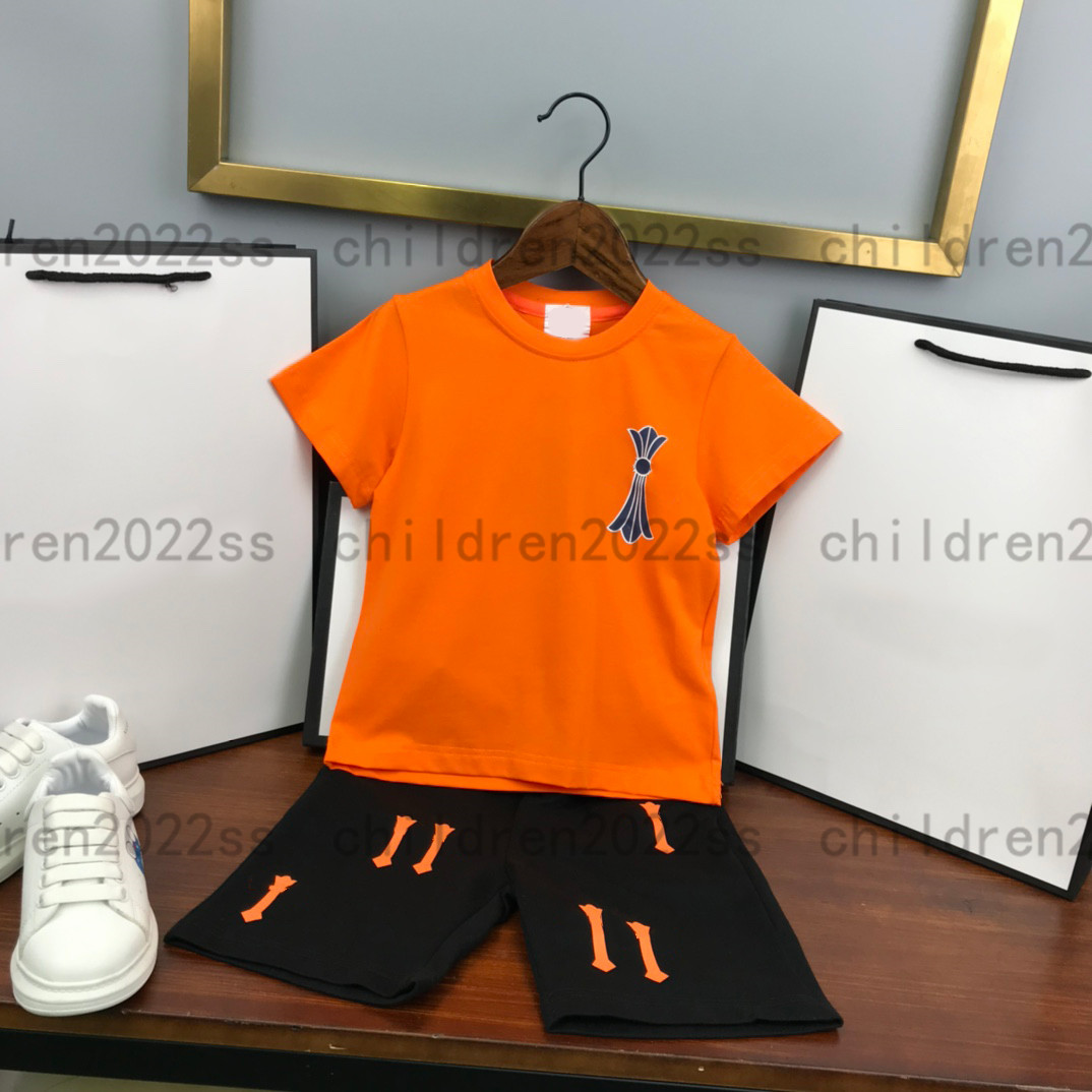 

2022ss childrens summer t shirts sets round neck orange t-shirts cross printing black shorts design luxury kids tracksuits newly sports wear, 1#