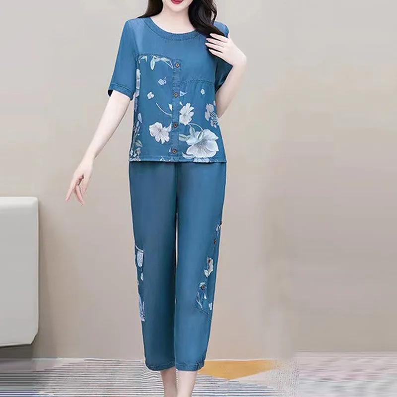 

Women's Two Piece Pants Thin Summer Sets Denim T-Shirt 2022 Fashion Mother Casual Comfortable Two-Piece Set Loose High Quality Jeans Suit Pr, Pant