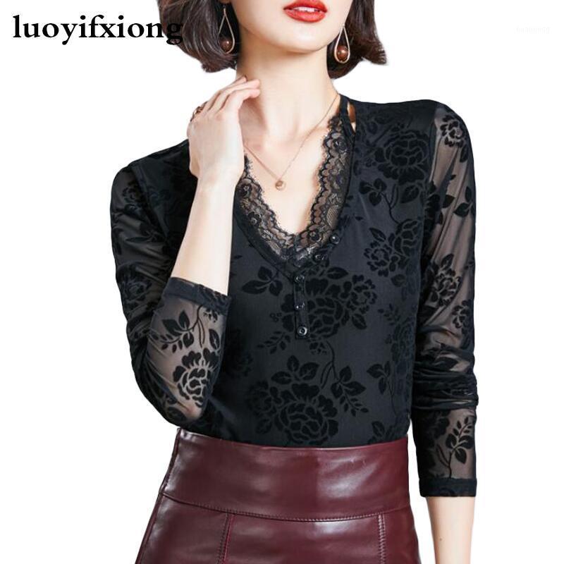 

Women's Blouses & Shirts Flocking Print Black Blouse Women Long Sleeve V-neck Korean Plus Size Casual Ladies Tops Blusas Mujer