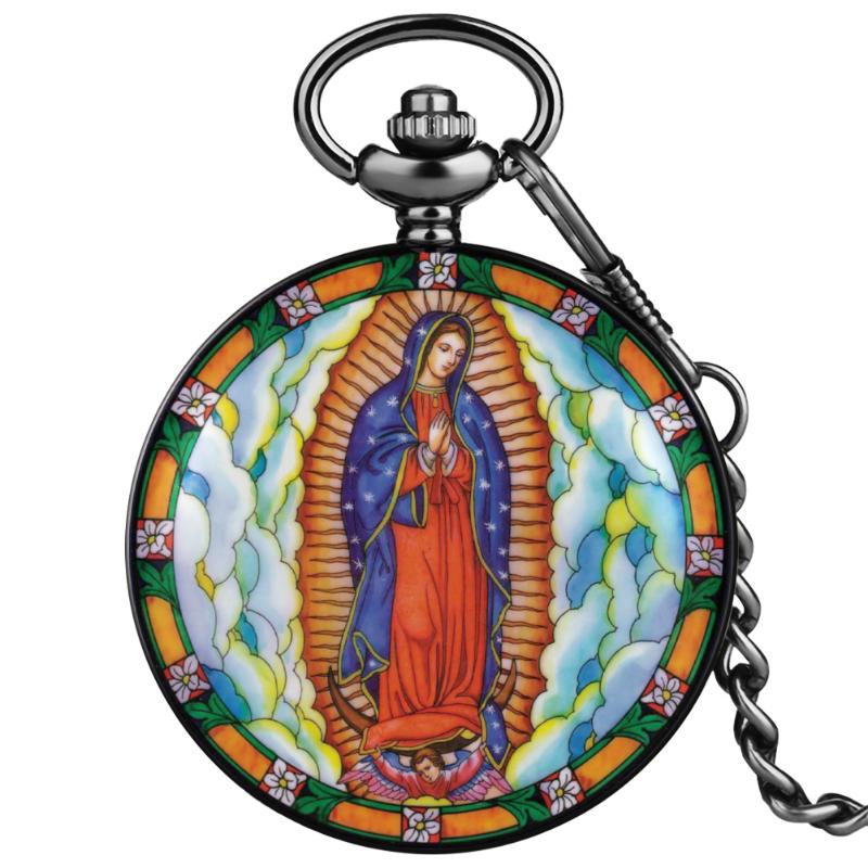 

Pocket Watches Catholicism Vintage Watch Fine Pattern Quartz Clock Classic Dial Alloy Thick Chain Necklace Birthday Gifts For Grandma