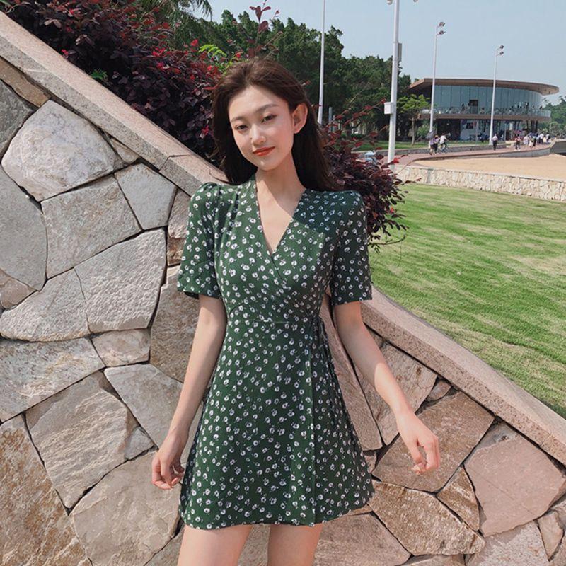 

Casual Dresses Women Short Sleeve V-Neck Cross Wrap Flared A-Line Mini Dress With Belt Floral Printed Loose Sundress, As pic